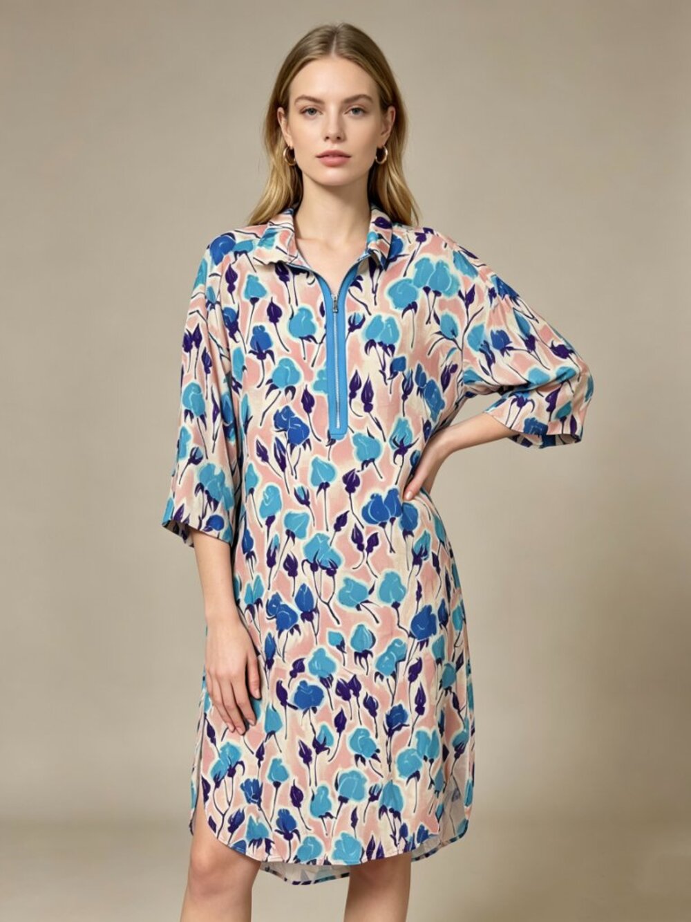 Essentiel Light Pink, Blue and Purple Floral Print Oversized Women's Midi Dress